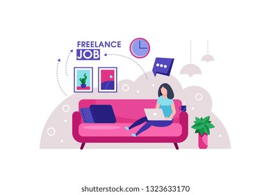 Freelance girl. Woman sitting on the sofa works with laptop, modern freelance template for website. Freelancer girl modern home office design.