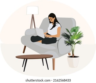 Freelance girl work in comfortable conditions vector flat illustration. Freelancer character working from home, convenient workplace. Self employed concept.