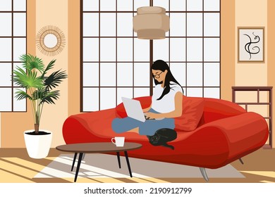 Freelance girl work in comfortable conditions vector flat illustration. Freelancer female character working from home at relaxed pace, convenient workplace. Young woman self employed concept.