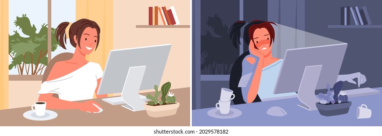 Freelance girl working day and night at home, busy freelancer sitting at computer