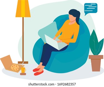 Freelance girl working and eating pizza, remote work.Vector illustration in flat style.