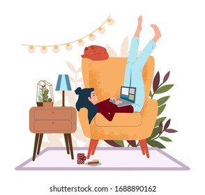 Freelance girl working at home with pets and plants. Young woman works with laptop computer at home in coronavirus quarantine (COVID-19). Home office. Self-isolation. Flat cartoon vector illustration.