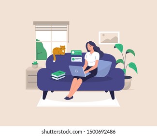 Freelance Girl Working at Home. Woman Character Sitting on Sofa with Laptop and Cat. Home Office or Coworking Place. Flat Cartoon Vector Illustration.