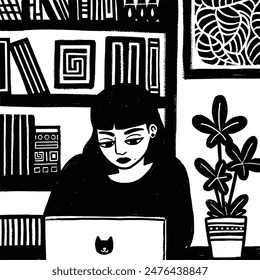 freelance girl working at the laptop in the cozy cafe library 