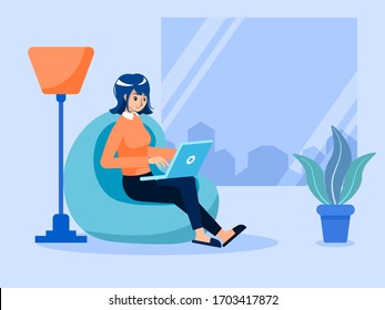 Freelance girl working on laptop at house.Work at home concept.vector illustrator flat design.