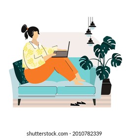 Freelance. The girl works at home online for a laptop. Home work place. Stylish interior. Vector, flat illustration.
