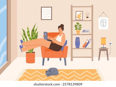 Freelance girl works at home. Woman with laptop is lying on sofa in cozy room interior, free schedule, remote worker, vector illustration