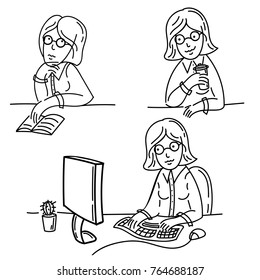 Freelance girl works on computer. Young woman drinks tea, work and read book. Black and white