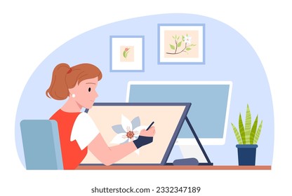 Freelance graphic designer at work vector illustration. Cartoon isolated home workplace scene with productive young female illustrator sitting at desk to draw creative art picture in room interior