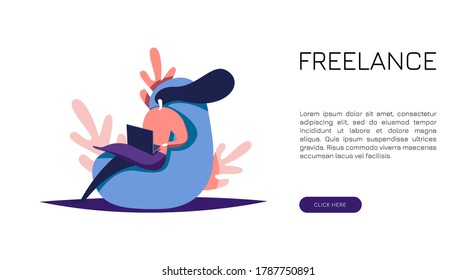 Freelance graphic designer working on a laptop while sitting on a blue slug-like creature. Remote work. Flat vector banner illustration.