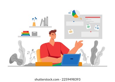 Freelance gray concept with people scene in the flat cartoon design. Guy performs various tasks on a laptop and earns money sitting at home. Vector illustration.