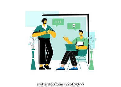 Freelance green concept with people scene in the flat cartoon style. Two friends work on a freelance basis and get pleasure from it. Vector illustration.