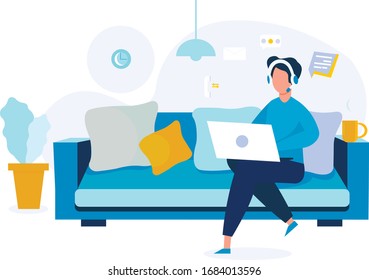 Freelance guy. Work at home. A man is sitting on the sofa, working with a laptop, wearing headphones. Freelancer men's modern home office design. Vector illustration in flat style.