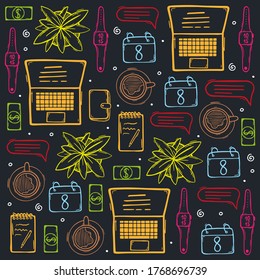 Freelance hand draw doodle background with popular symbols and elements of remote work