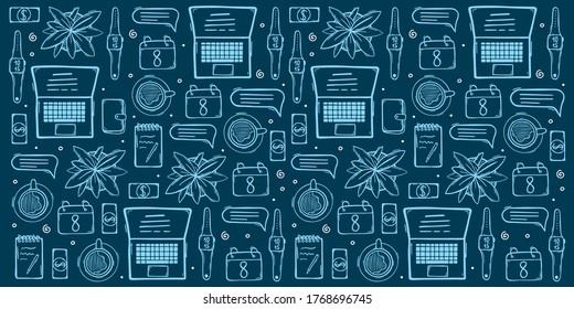 Fondo de doodle con símbolos populares y elementos de trabajo remoto