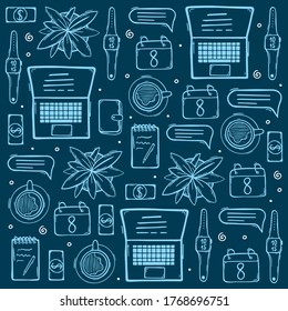 Freelance hand draw doodle background with popular symbols and elements of remote work