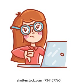 Freelance hipster girl with glasses in front of notebook computer. Showing thumb down, sad, not liking. Hand drawn style, cute doodle cartoon illustration for web, stickers, emoji, emotions