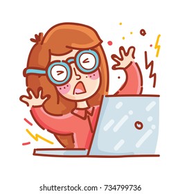 Freelance hipster girl upset, confused, broken, angry, messed up. With glasses working on notebook computer. Hand drawn style, cute doodle cartoon illustration for web, stickers, emoji, emotions