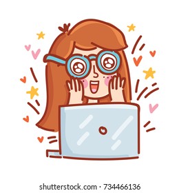 Freelance hipster with glasses working in front of notebook computer. Adorable with hearts and stars, googly eyes. Hand drawn style, cute doodle cartoon illustration for web, stickers, emoji, emotions