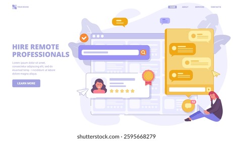 Freelance hiring platform – find remote professionals, read reviews, chat with candidates, and hire top talent. Flat design concept with tiny characters for landing page.