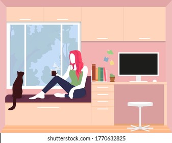 Freelance at home. Girl sits on the sofa and drinks coffee. Cat sits behind girl. Home office. Stay at home. Quarantine work