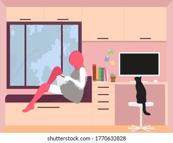 Freelance at home. Girl sits on the sofa and looks at the phone. Cat sits on the chair. Home office. Stay at home. Quarantine work