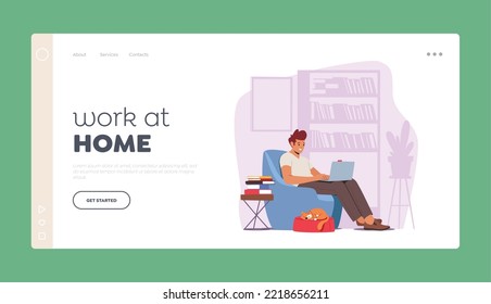 Freelance Home Office Landing Page Template. Man Freelancer Character Sitting in Comfortable Armchair with Sleeping Cat and Books Working or Studying Distant on Laptop. Cartoon Vector Illustration