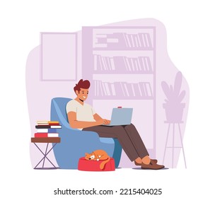 Freelance Home Office, Working Place Concept. Man Freelancer Character Sitting in Comfortable Armchair with Sleeping Cat and Books Working or Studying Distant on Laptop. Cartoon Vector Illustration