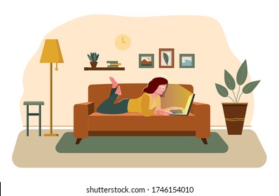 Freelance home or studying concept. Remote work. Woman works sitting at home. Girl with computer lies on the couch. Cartoon flat vector illustration. The interior of the room.