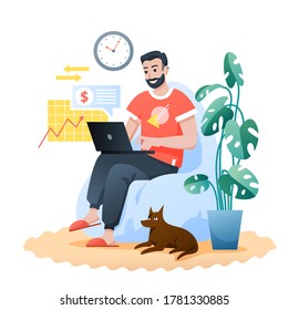 Freelance home work flat vector illustration. Cartoon bearded happy hipster sitting in modern comfortable armchair, man freelancer character working with laptop. Remote job at home isolated on white