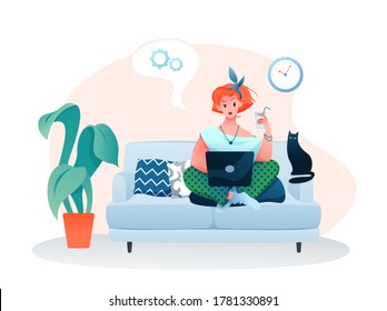 Freelance home work flat vector illustration. Cartoon young woman freelancer character working online with laptop, sitting on sofa in cozy home room apartment interior isolated on white