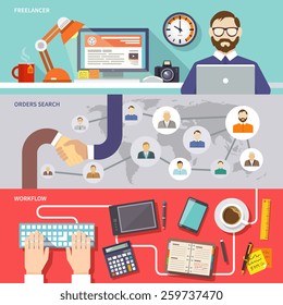 Freelance horizontal banner set with freelancer orders search workflow flat elements isolated vector illustration
