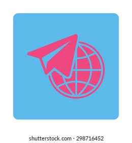 Freelance icon from Commerce Buttons OverColor Set. Vector style is pink and blue colors, flat square rounded button, white background.