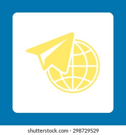 Freelance icon from Commerce Buttons OverColor Set. Vector style is yellow and white colors, flat square rounded button, blue background.