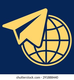 Freelance icon from Commerce Set. Vector style: flat symbol, yellow color, rounded angles, blue background.