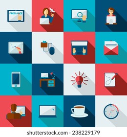 Freelance icon flat set with designer working at laptop time is money symbols isolated vector illustration
