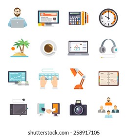 Freelance icon flat set with freelancer laptop business meeting isolated vector illustration