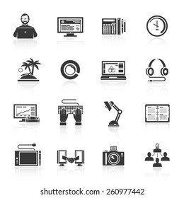 Freelance icon set with clock business plan report notebook black isolated vector illustration