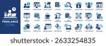 Freelance icon set. Containing freelancer, work online, remote work, laptop, home office, client meeting, self-employed, graphic designer and more. Solid vector icons collection.