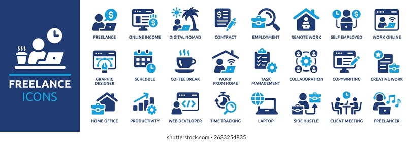 Freelance icon set. Containing freelancer, work online, remote work, laptop, home office, client meeting, self-employed, graphic designer and more. Solid vector icons collection.