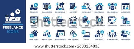 Freelance icon set. Containing freelancer, work online, remote work, laptop, home office, client meeting, self-employed, graphic designer and more. Solid vector icons collection.
