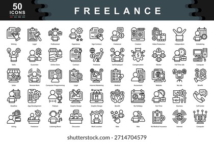 El conjunto de iconos de Freelance define los impulsores clave del trabajo independiente, como la flexibilidad, los ingresos basados en habilidades y el compromiso contractual, ideal para plataformas remotas, economía de conciertos e industrias creativas.