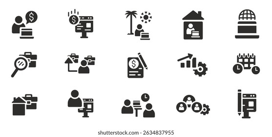 conjunto de ícones freelance, ícone plano, contém trabalho remoto, laptop, freelancer, home office, reunião com cliente