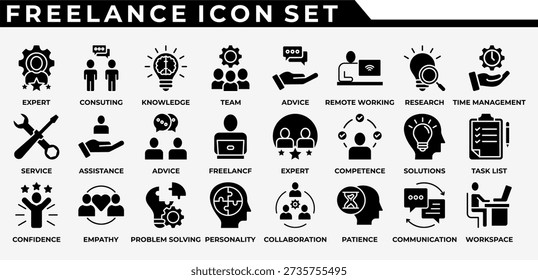FREELANCE ICON SET support, service, consulting service, freelance, remote working, workspace, officeteam, collaboration, communication, empathy, confidence, competence, personalityknowledge,