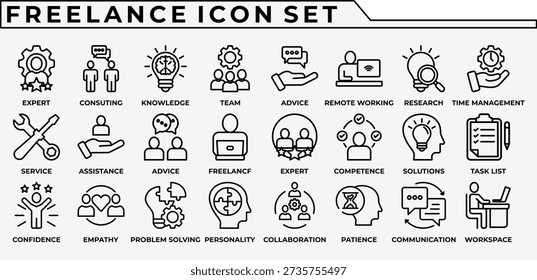 FREELANCE ICON SET support, service, consulting service, freelance, remote working, workspace, officeteam, collaboration, communication, empathy, confidence, competence, personalityknowledge,