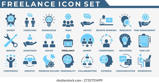 FREELANCE ICON SET support, service, consulting service, freelance, remote working, workspace, officeteam, collaboration, communication, empathy, confidence, competence, personalityknowledge,