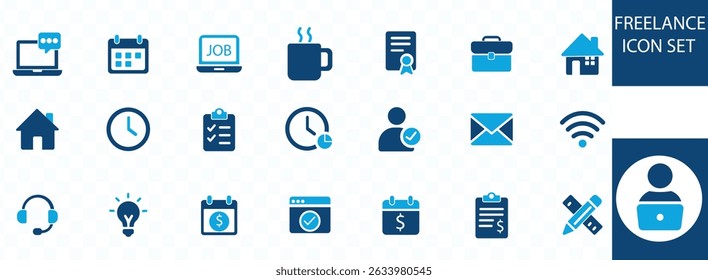 Freelance icon set . work online, remote work, freelancer, laptop, home office, client meeting, self-employed, graphic designer and more.