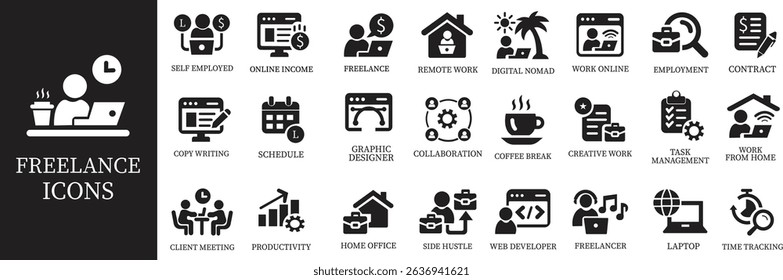 Freelance icon set.Productivity Icons A Clean and Stylish Collection.Containing work online, freelancer, laptop, home office, client meeting, self-employed, graphic designer and more.
