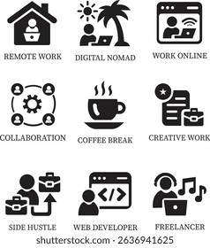 Freelance icon set.Productivity Icons A Clean and Stylish Collection.Containing work online, freelancer, laptop, home office, client meeting, self-employed, graphic designer and more.