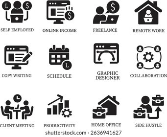 Freelance icon set.Productivity Icons A Clean and Stylish Collection.Containing work online, freelancer, laptop, home office, client meeting, self-employed, graphic designer and more.